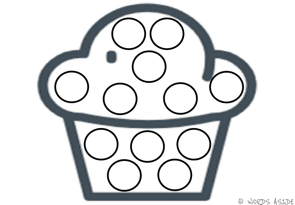 Counting dots on a cupcake outline: 12 blank dots for students to count one by one, stamping or covering each dot