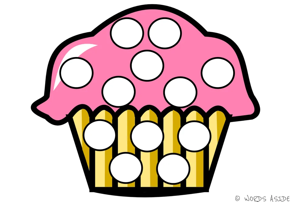 Pink-frosted cupcake with a striped yellow wrapper and 12 blank white dots for students to count, dab or cover