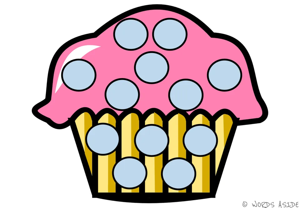Pink cupcake with 12 light blue dots on the frosting and wrapper for students to count and match with blue counters