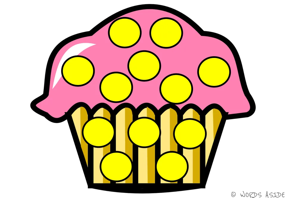Pink cupcake with 12 yellow dots across the frosting and striped wrapper to count and cover, practising one-to-one counting
