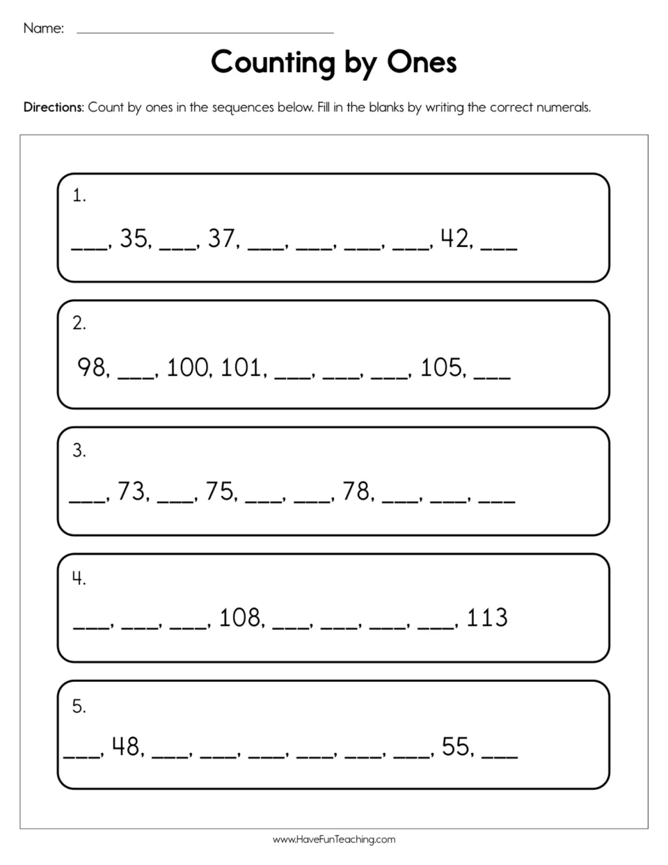 Counting practice: five fill-in-the-blank sequences increasing by one, including 34–43 and 98–106.