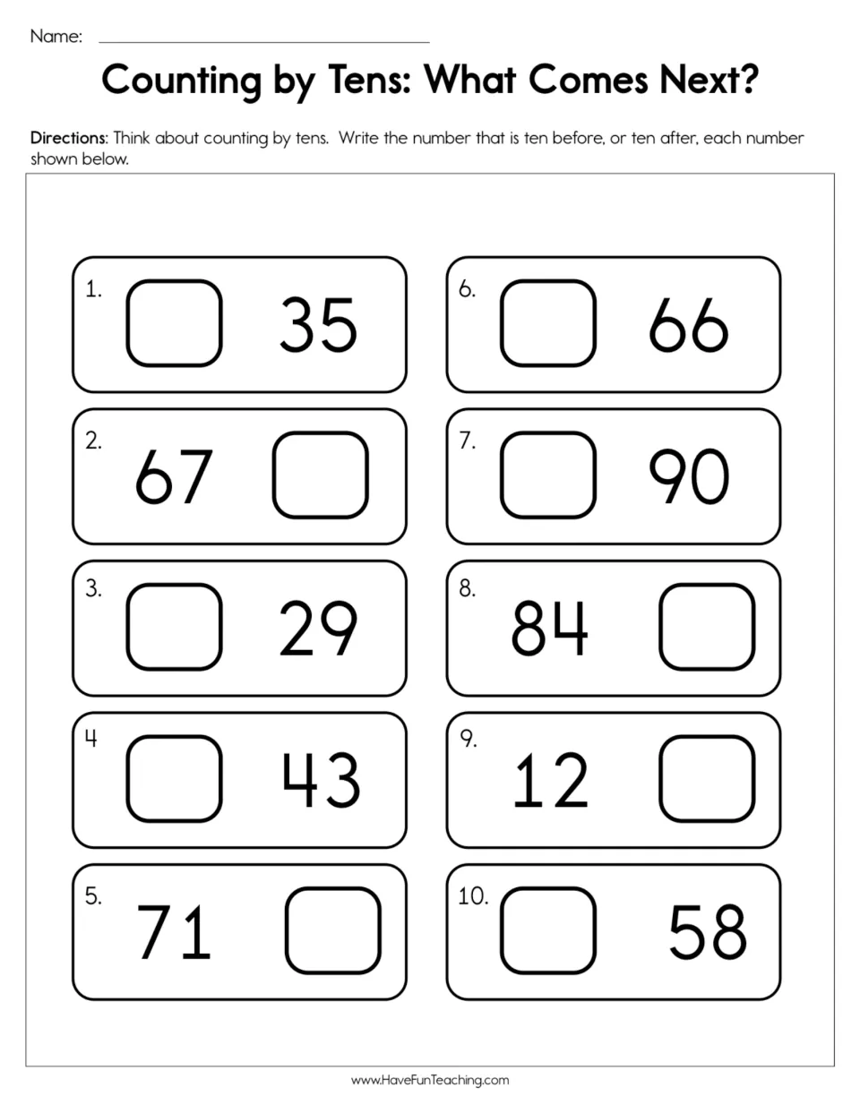 Counting by tens practice: write ten before or after 35, 67, 29, 43, 71, 66, 90, 84, 12, and 58.
