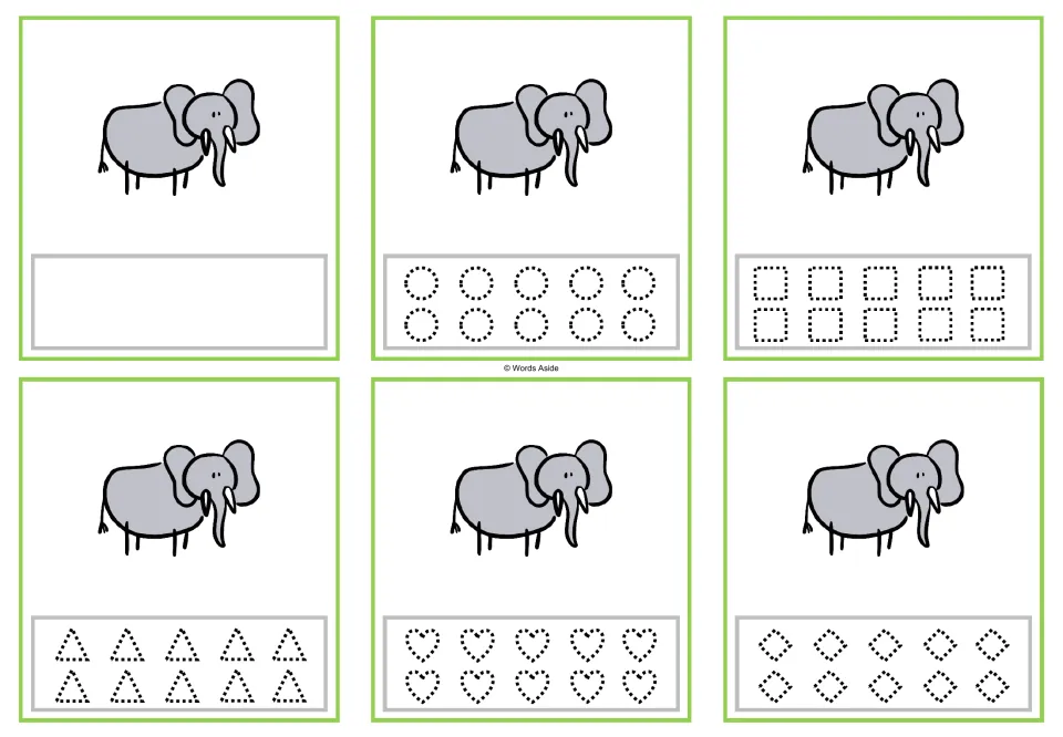 Six counting task cards showing one elephant each, with a blank response area or five shape-tracing options.