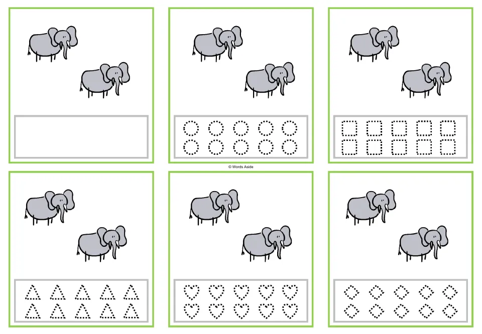 Six counting task cards showing two elephants each, with a blank response area or five shape-tracing options.