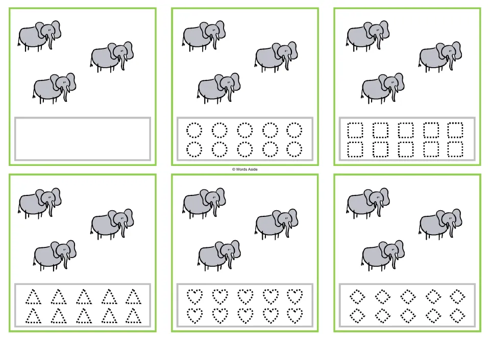 Six counting task cards showing three elephants each, with a blank response area or five shape-tracing options.