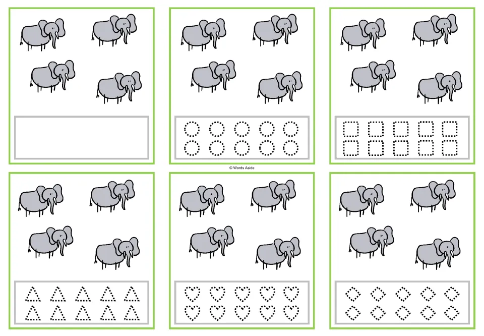 Six counting task cards showing four elephants each, with a blank response area or five shape-tracing options.