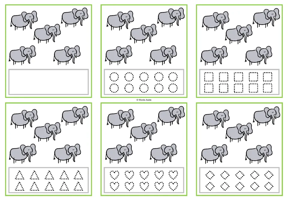 Six counting task cards showing five elephants each, with a blank response area or five shape-tracing options.