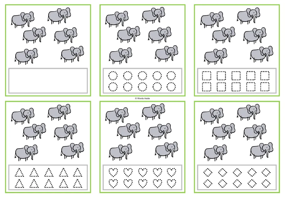 Six counting task cards showing six elephants each, with a blank response area or five shape-tracing options.