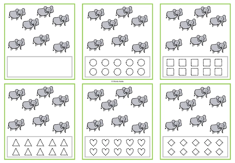 Six counting task cards showing seven elephants each, with a blank response area or five shape-tracing options.