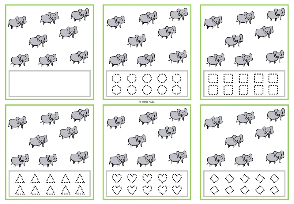 Six counting task cards showing eight elephants each, with a blank response area or five shape-tracing options.