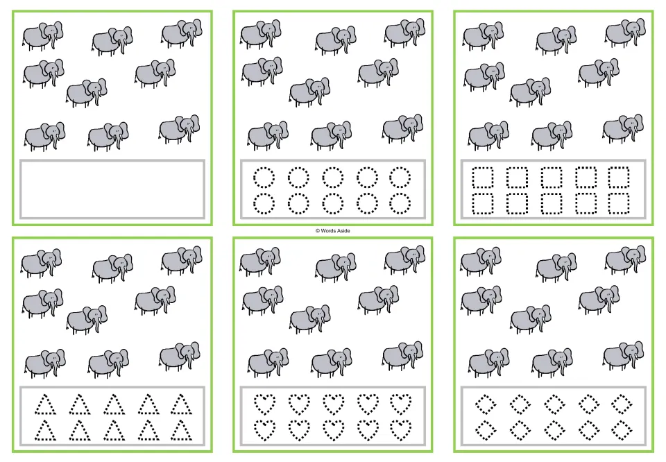 Six counting task cards showing nine elephants each, with a blank response area or five shape-tracing options.