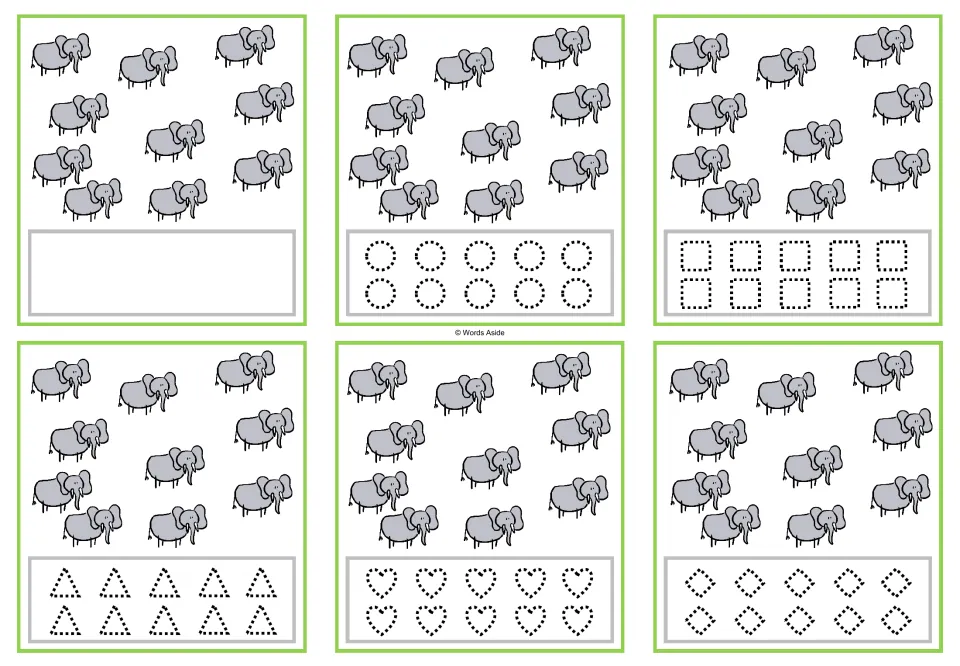 Six counting task cards showing ten elephants each, with a blank response area or five shape-tracing options.