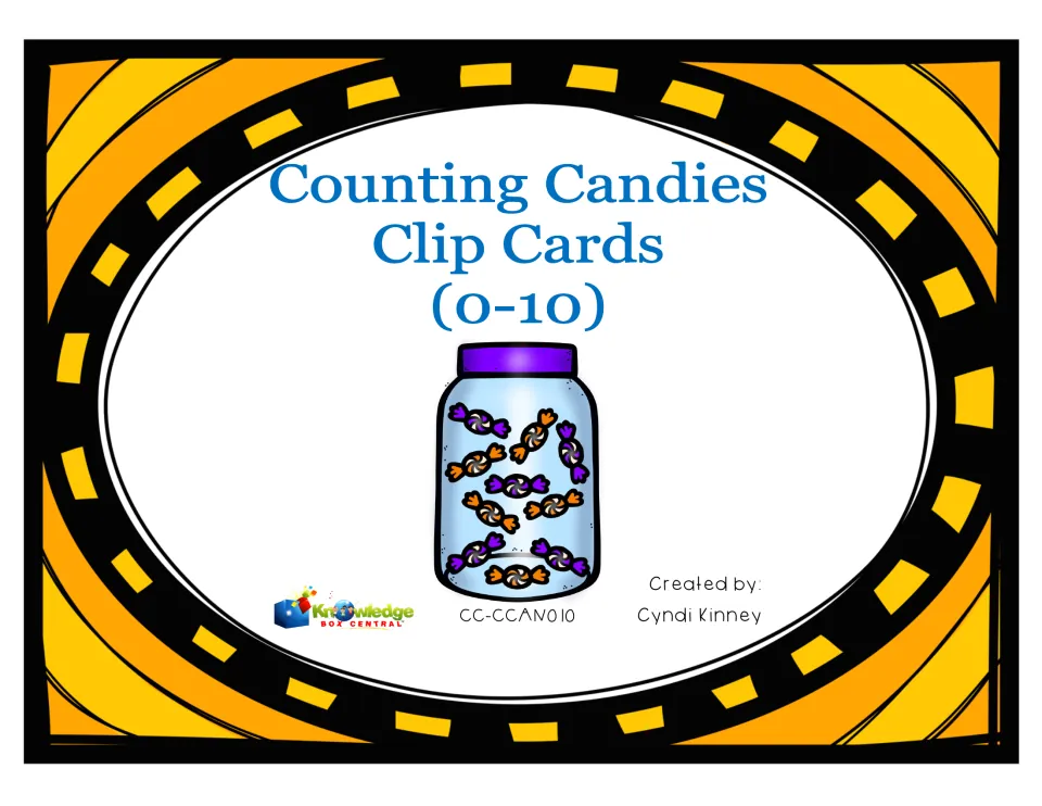 Counting Candies Clip Cards (0-10) cover showing a jar of orange and purple candies, created by Cyndi Kinney