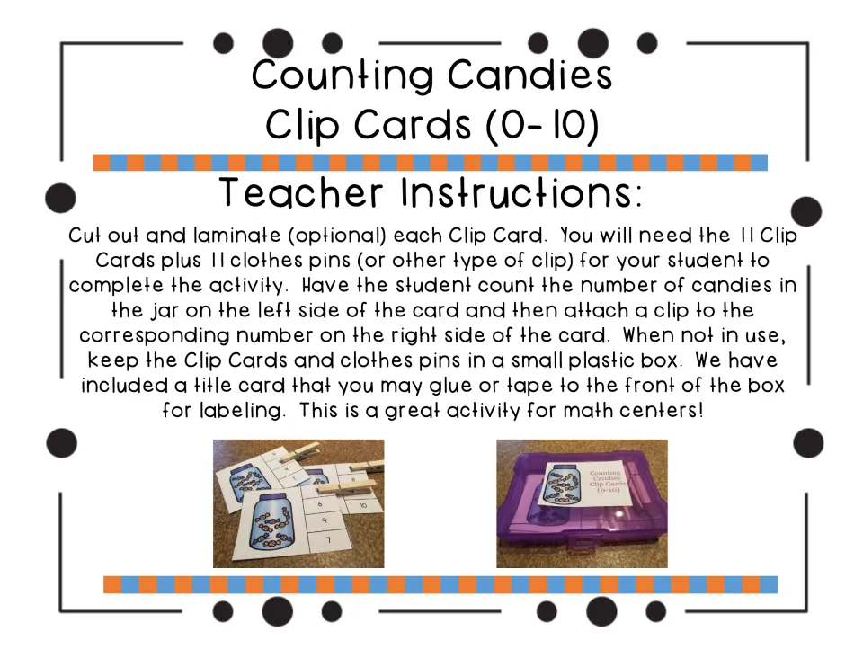 Teacher instructions: cut out the 11 clip cards, add 11 clothespins, and store in a plastic box with the label