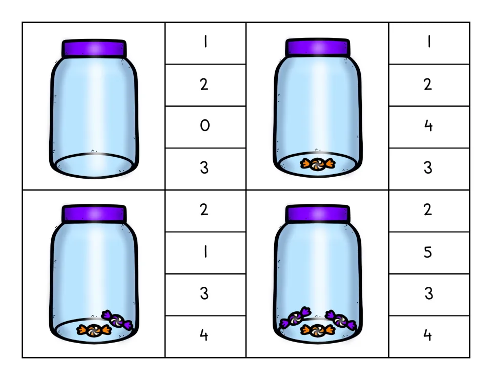 Clip cards 1–4: jars holding 0, 1, 2 and 3 candies, each with four numeral choices from 0 to 5 to clip