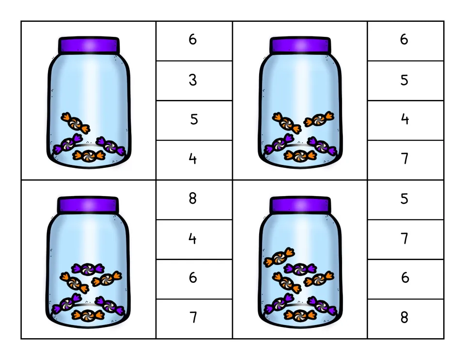 Clip cards 5–8: jars holding 4, 5, 6 and 7 candies, each with four numeral choices from 3 to 8 to clip