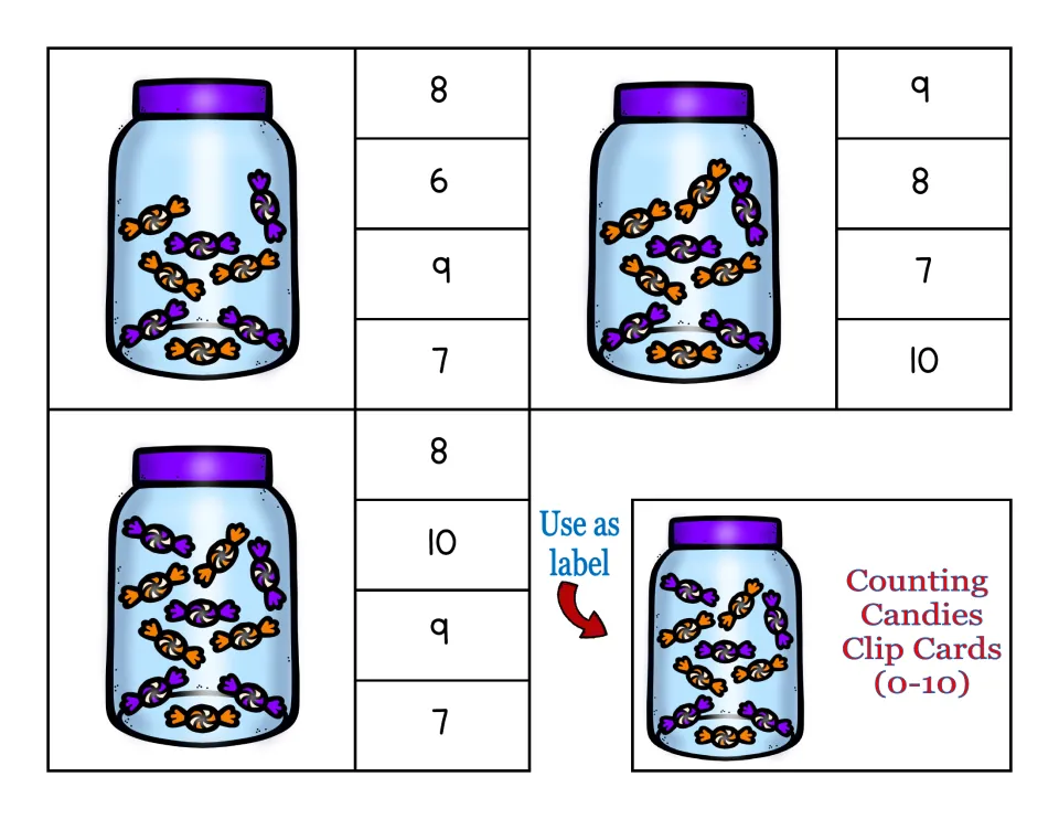 Clip cards 9–11: jars of 8, 9 and 10 candies with numeral choices 6 to 10, plus the storage box title label