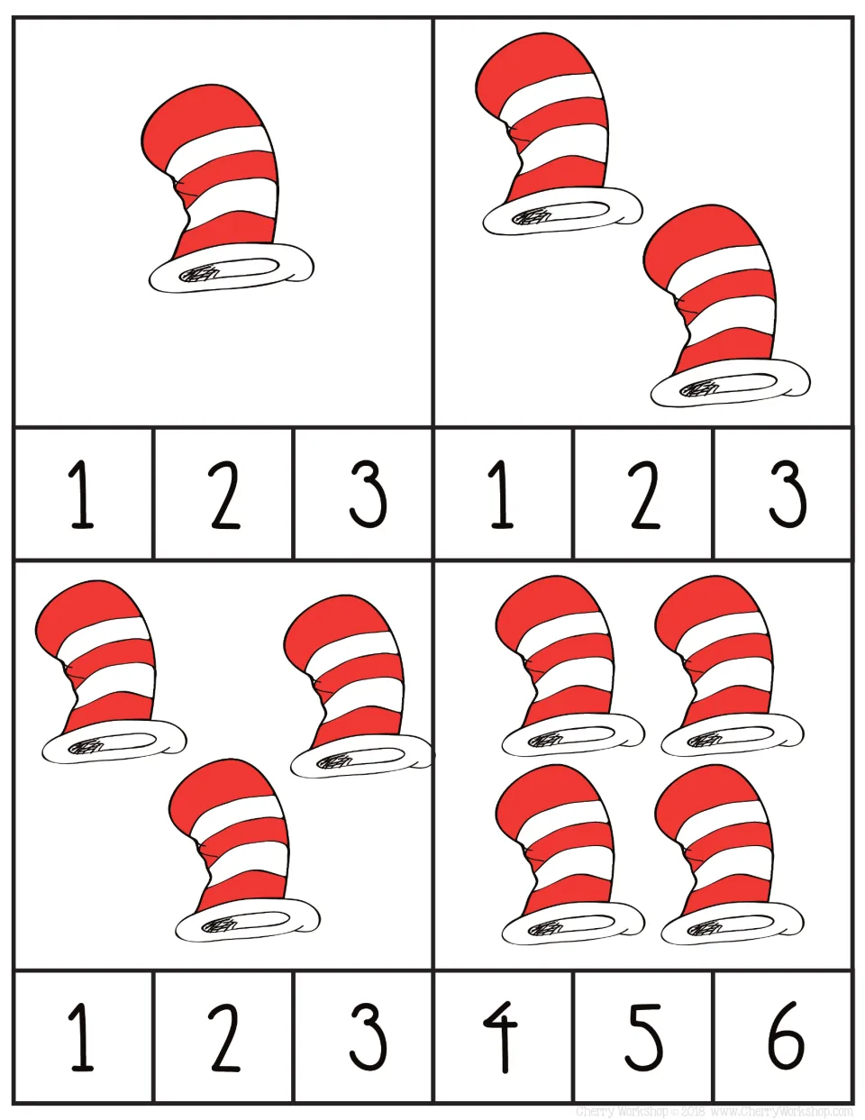 Counting cards 1–4 show sets of 1, 2, 3, and 4 striped hats, each with three number choices to clip.