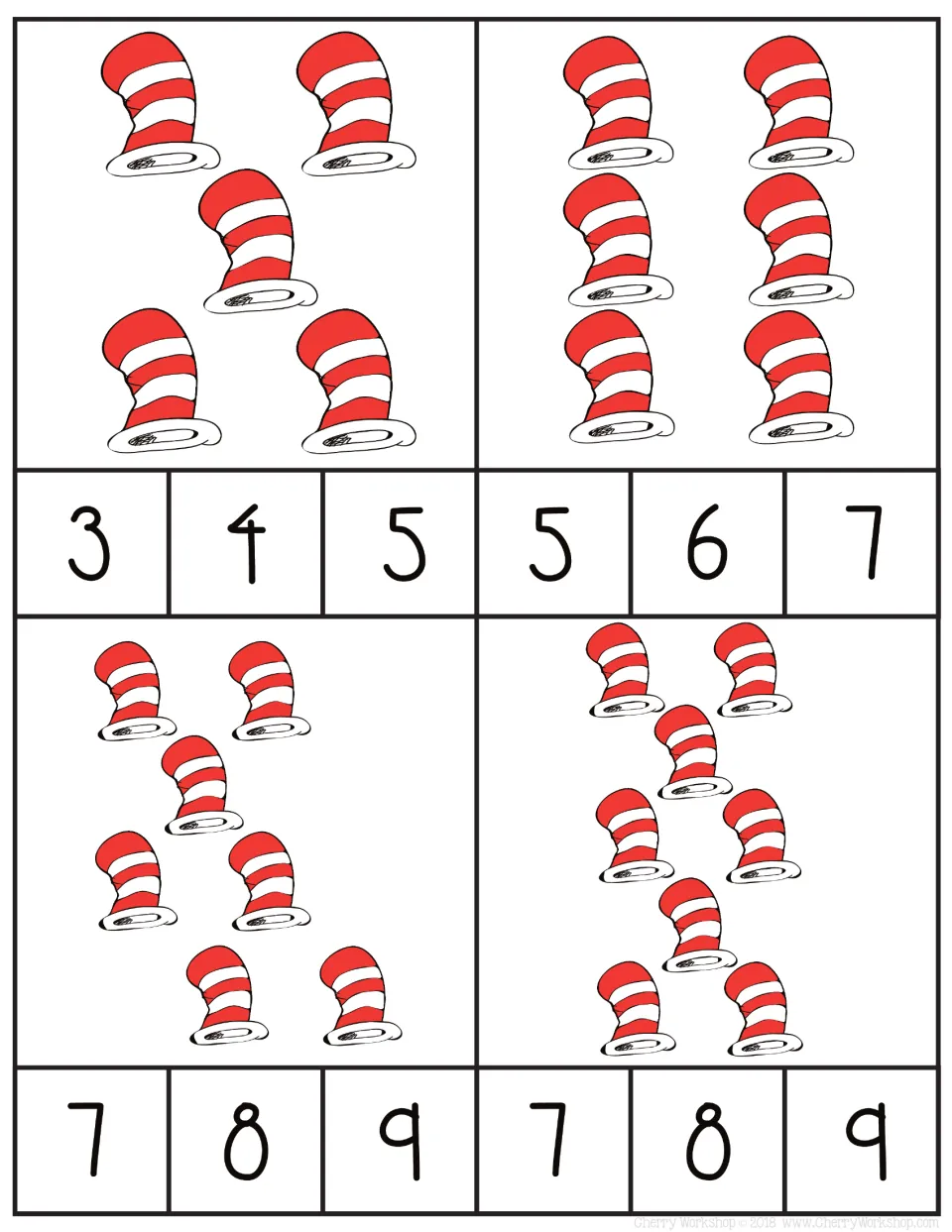 Counting cards 5–8 show sets of 5, 6, 7, and 8 striped hats, each with three number choices to clip.