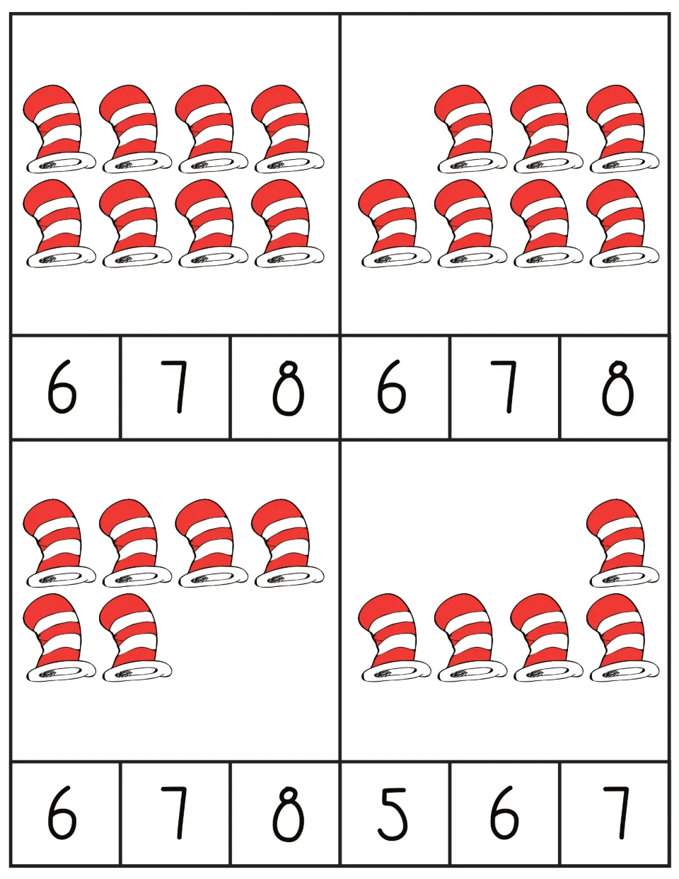 Counting cards 9–12 show sets of 8, 7, 6, and 5 striped hats, each with three number choices to clip.