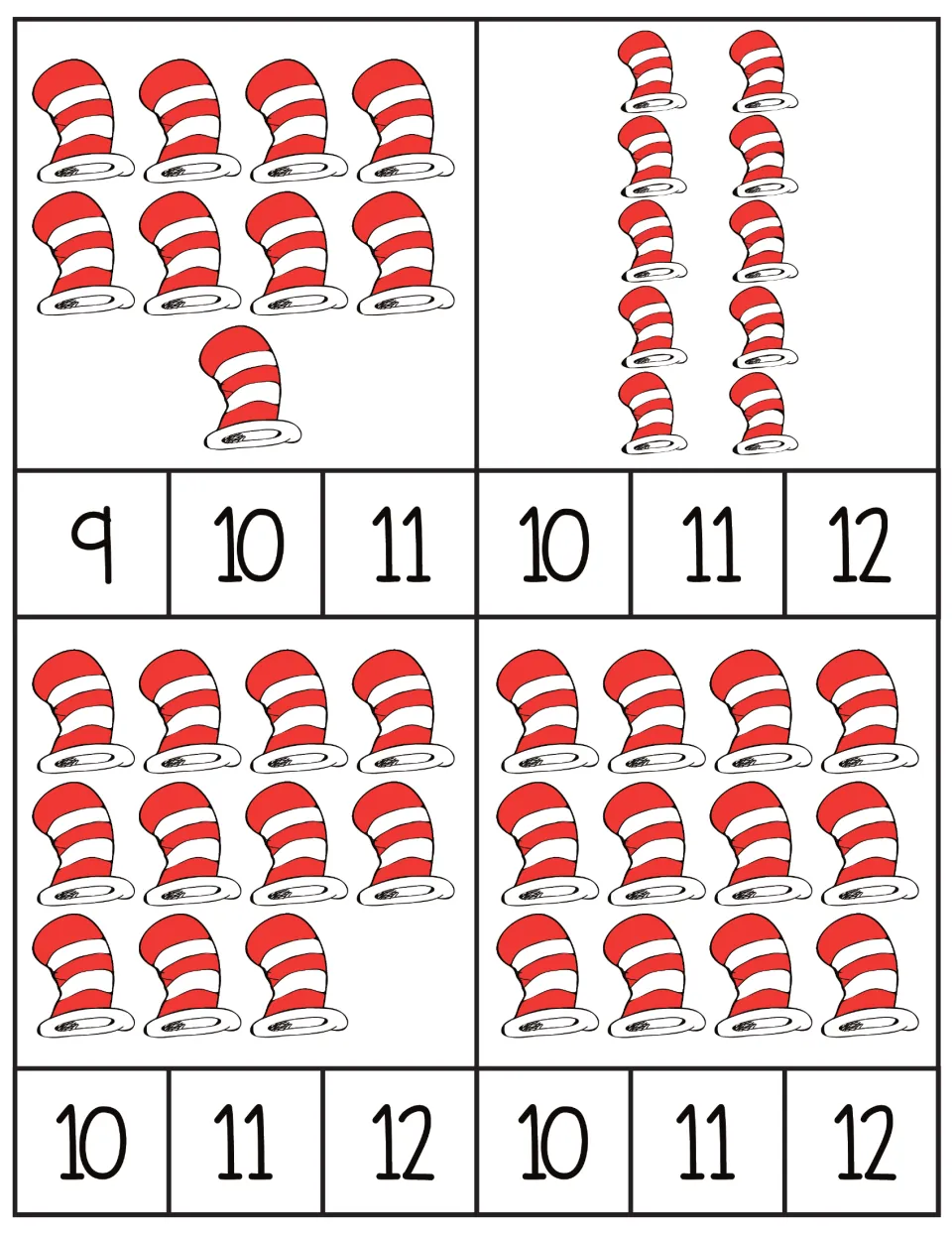 Counting cards 13–16 show sets of 9, 10, 11, and 12 striped hats, each with three number choices to clip.