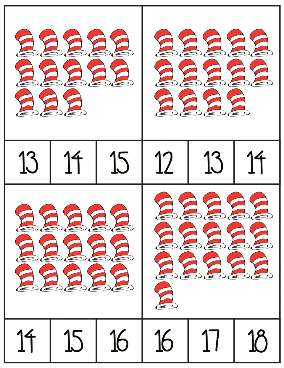 Counting cards 17–20 show sets of 13, 14, 15, and 16 striped hats, each with three number choices to clip.