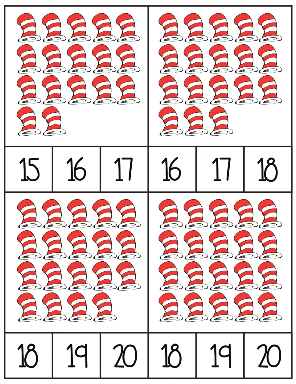 Counting cards 21–24 show sets of 17, 18, 19, and 20 striped hats, each with three number choices to clip.