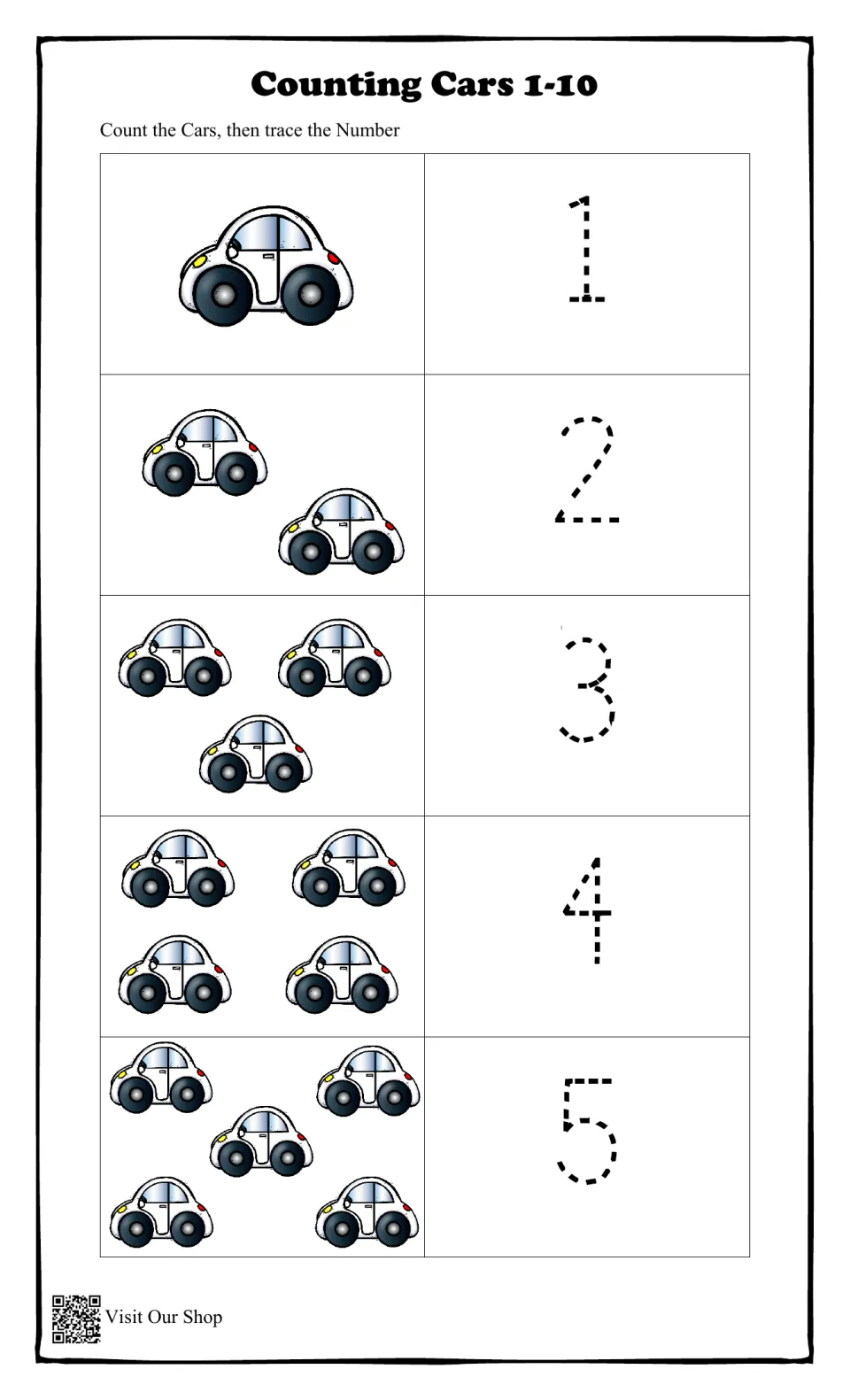 Counting cars 1 to 5: students count groups of 1 to 5 cartoon cars in each row, then trace the dotted numeral beside it