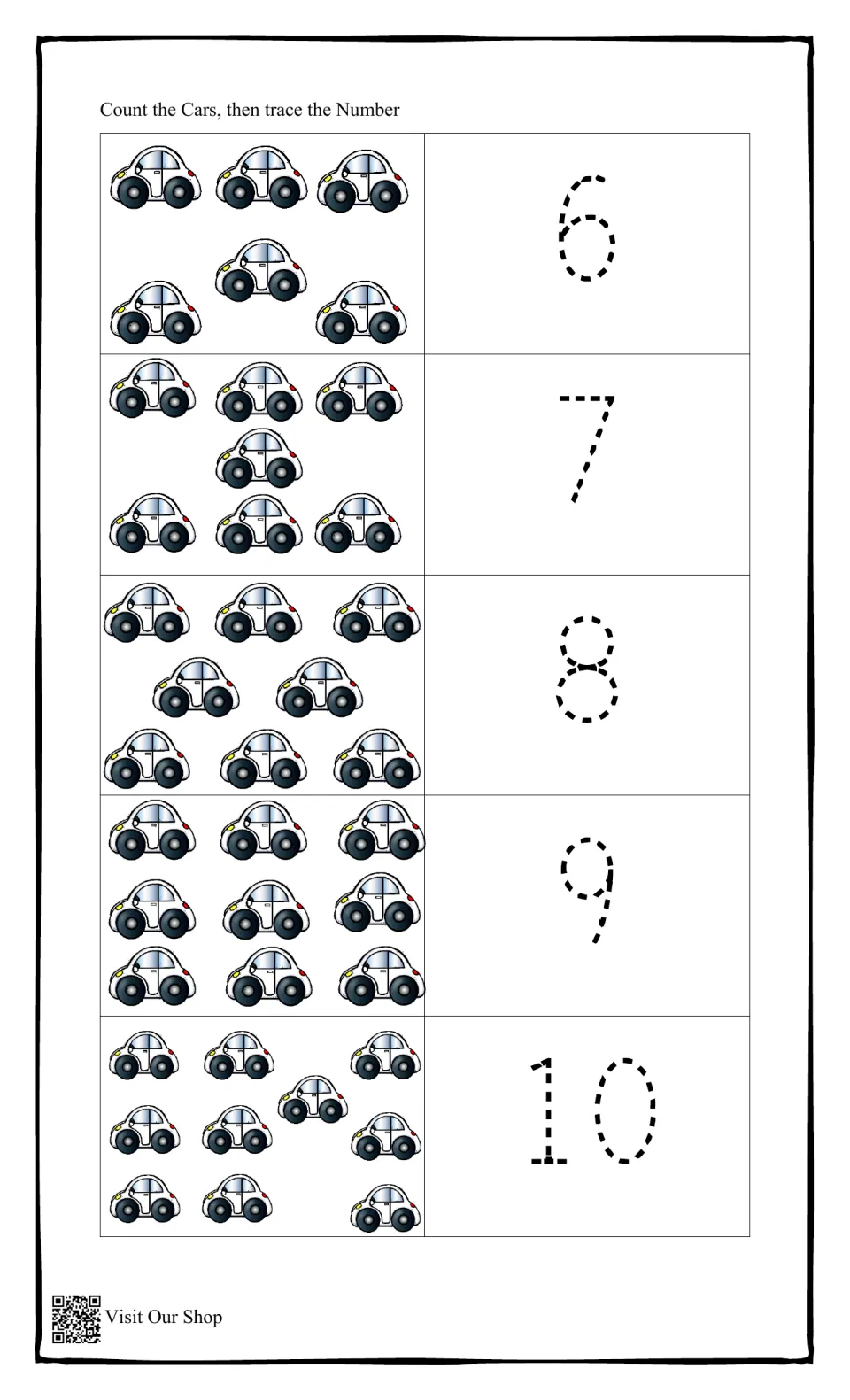 Counting cars 6 to 10: students count sets of 6 to 10 cartoon cars and trace the matching dotted numeral in each row