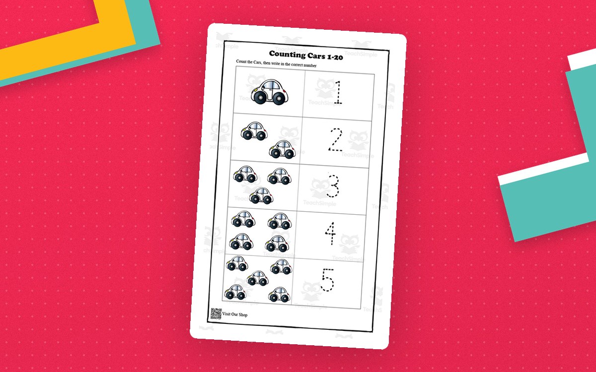 Counting Cars 1–20 worksheet showing car groups beside large dotted numerals.