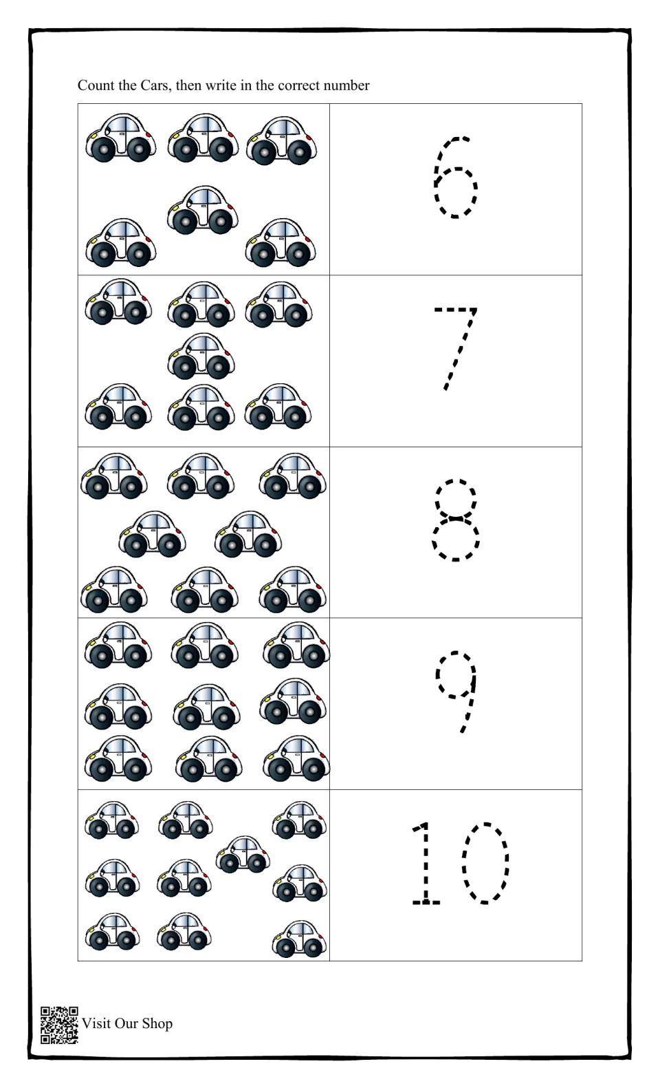 Counting cars 6 to 10: students count each set of six to ten cars and trace the dotted number that matches the group