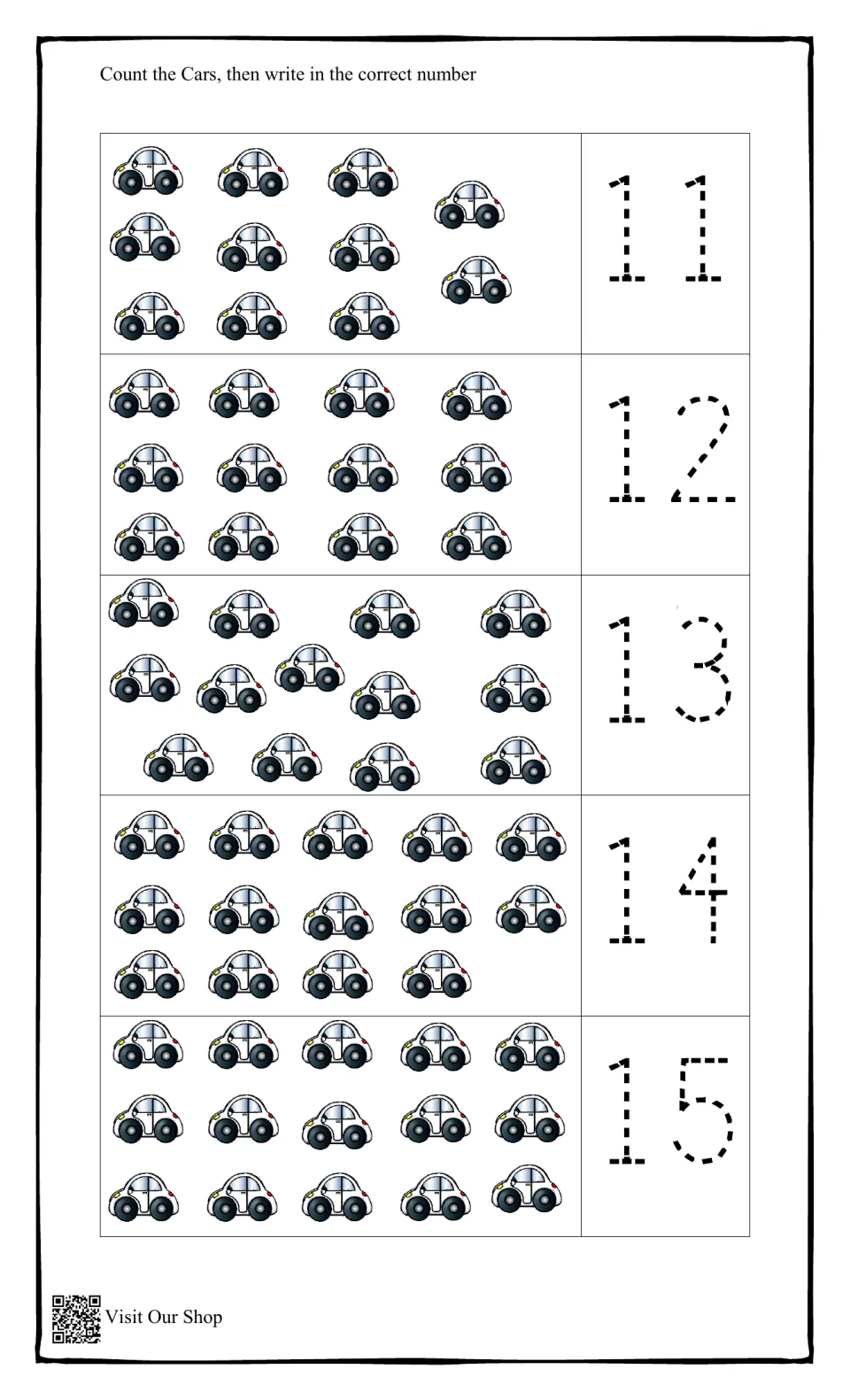 Teen numbers 11 to 15: students count larger car groups and trace the dotted two-digit numeral for each quantity