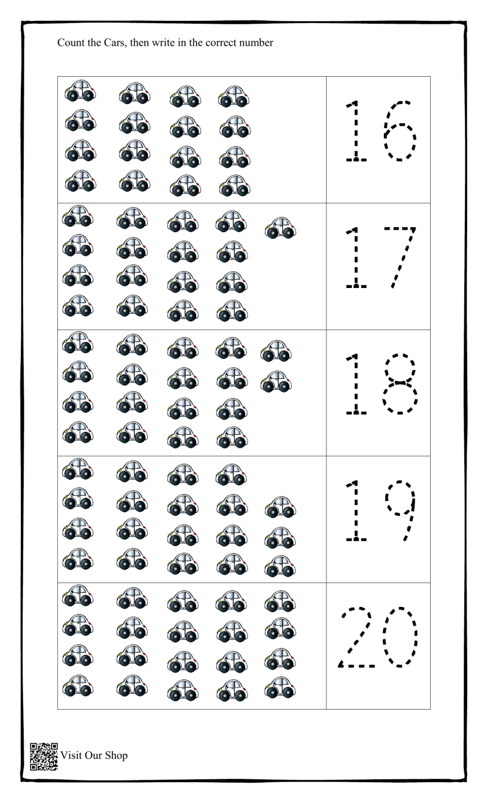 Counting 16 to 20: students count rows of small cars in each set and trace the dotted numeral from 16 up to 20