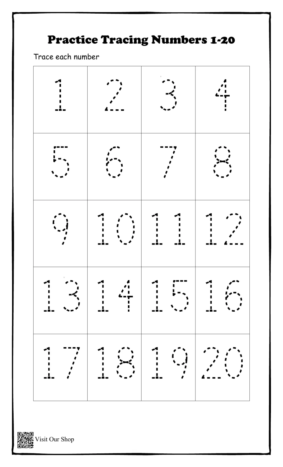 Practice Tracing Numbers 1-20: students trace each dotted numeral from 1 to 20 in forward counting order