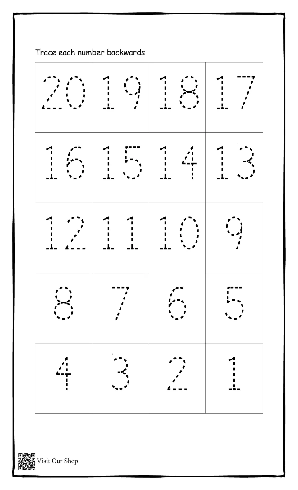 Counting backwards from 20: students trace each dotted numeral in reverse order, 20 down to 1, practising backward counting