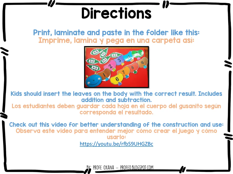Directions in English and Spanish: laminate, paste in a folder, then match addition and subtraction leaves to answers