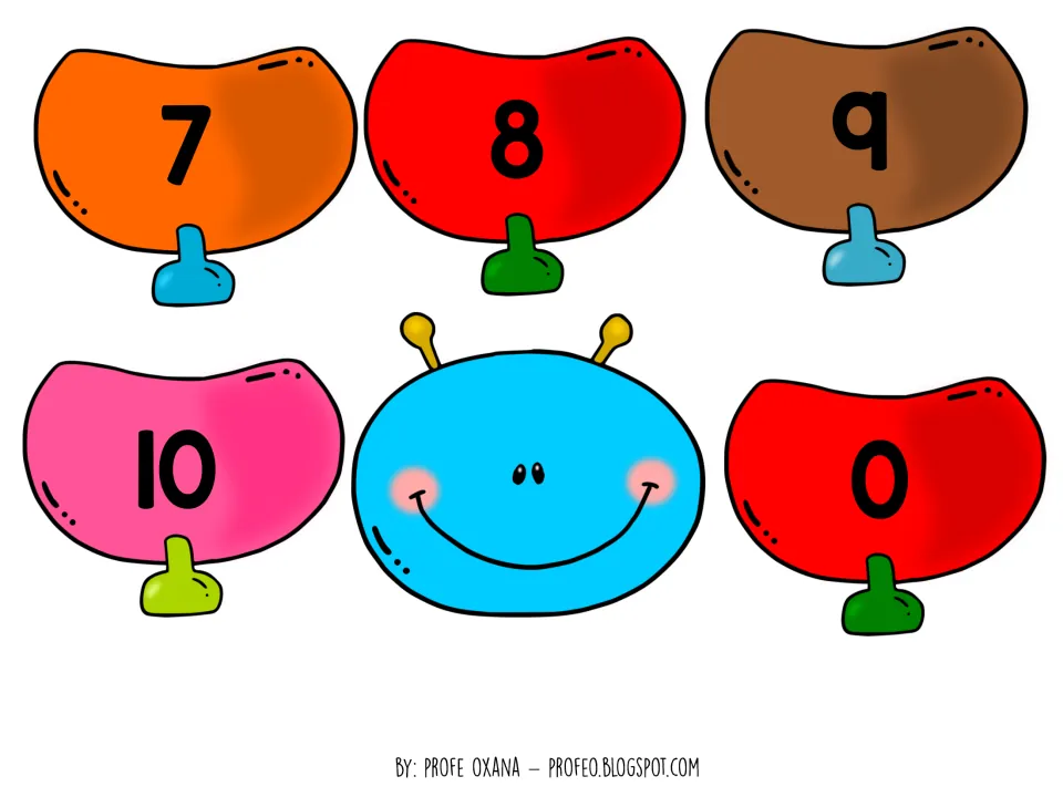 Caterpillar cut-out pieces: body segments numbered 7, 8, 9, 10 and 0 plus the smiling blue head with antennae