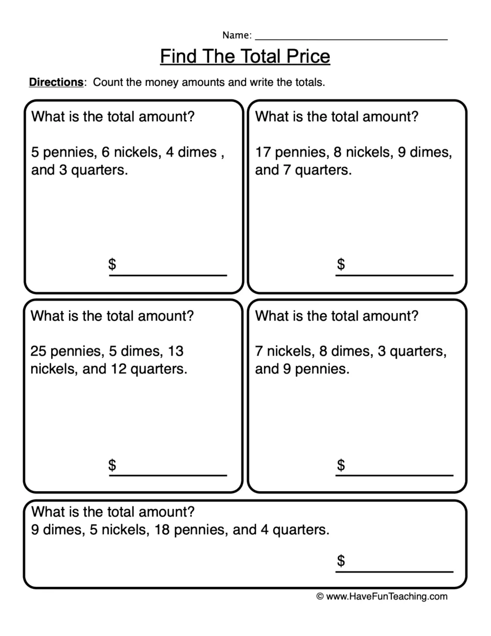 Find the Total Price: students count mixed pennies, nickels, dimes and quarters in 5 coin sets and write each total