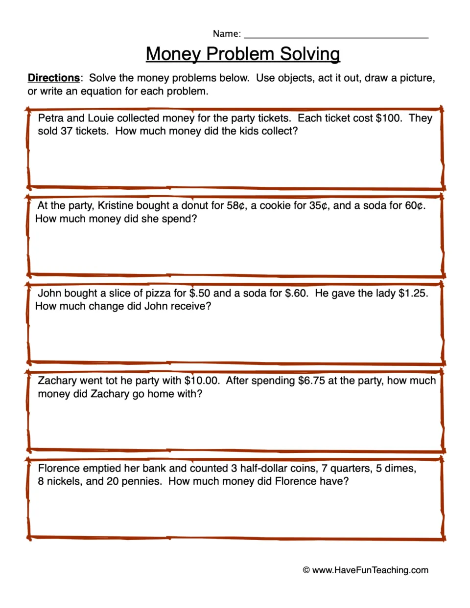 Money Problem Solving: students solve 5 party word problems on totals, making change and counting a bank of coins