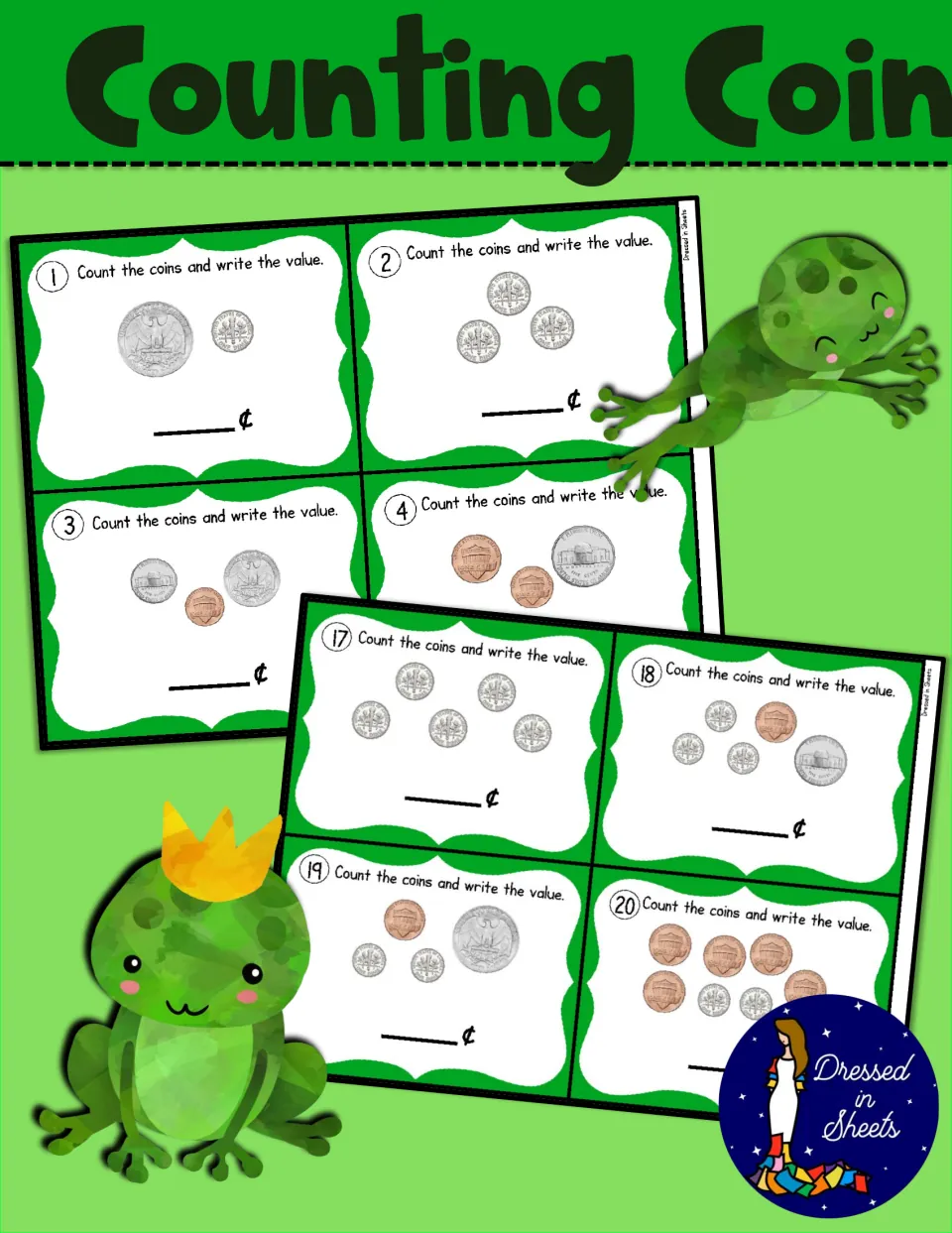 Counting coins cover: sample cards where students count pennies, nickels, dimes and quarters and write the total