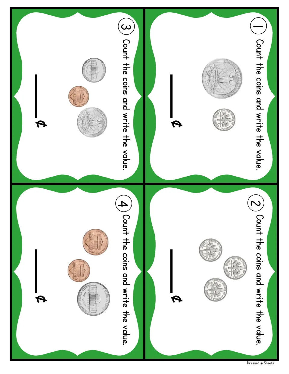 Coin cards 1 to 4: students total a quarter and dime, three dimes, and mixes of quarters, nickels and pennies