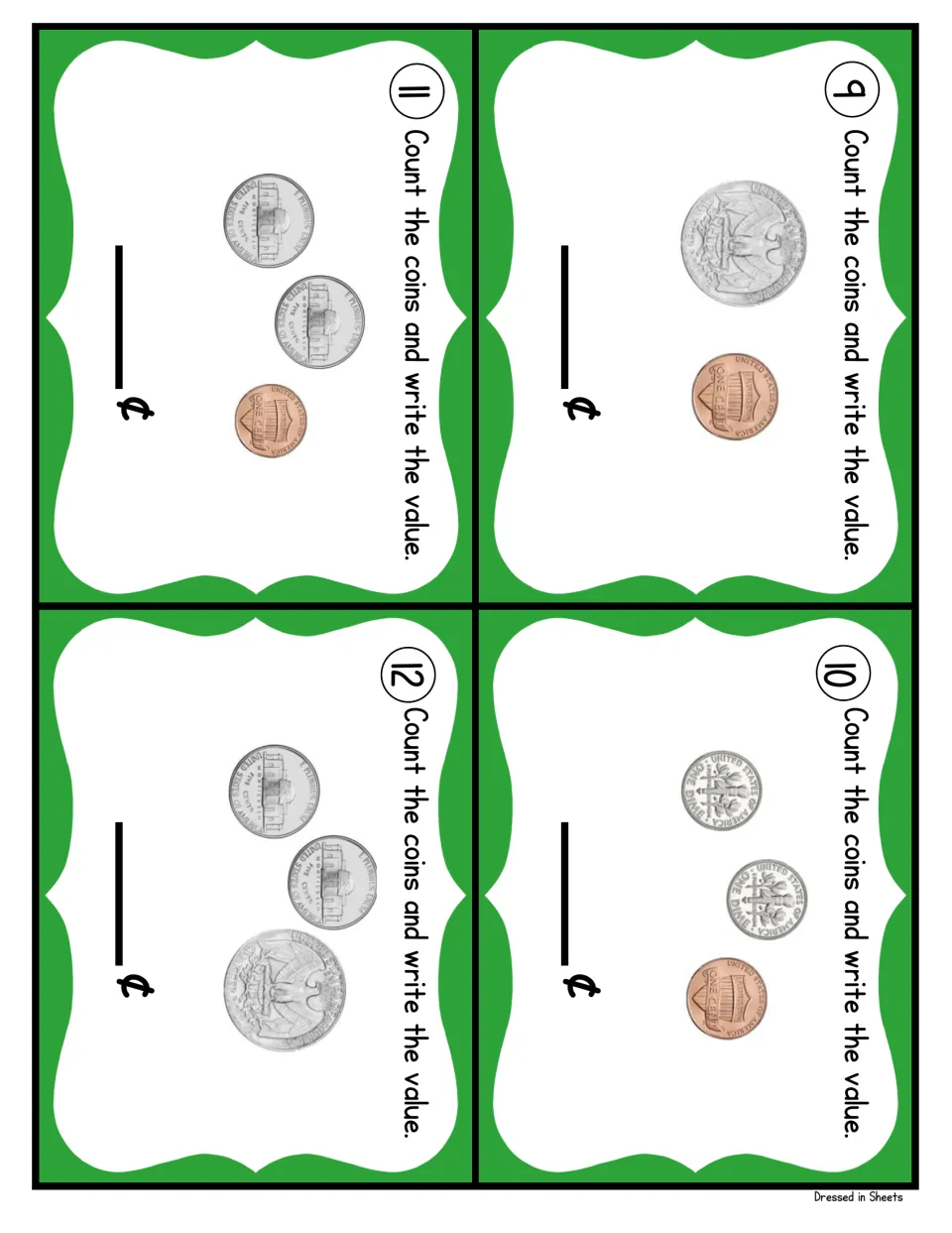 Coin cards 9 to 12: students total a quarter plus a penny, two dimes with one cent, then two mixed groups of nickels