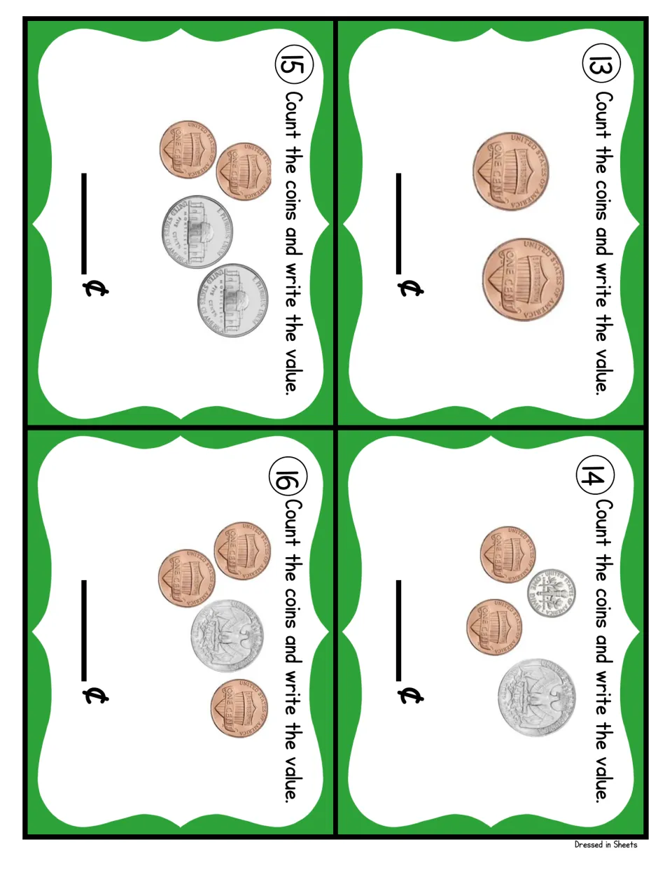 Coin cards 13 to 16: students count two pennies, then pennies mixed with a dime, nickels or a quarter