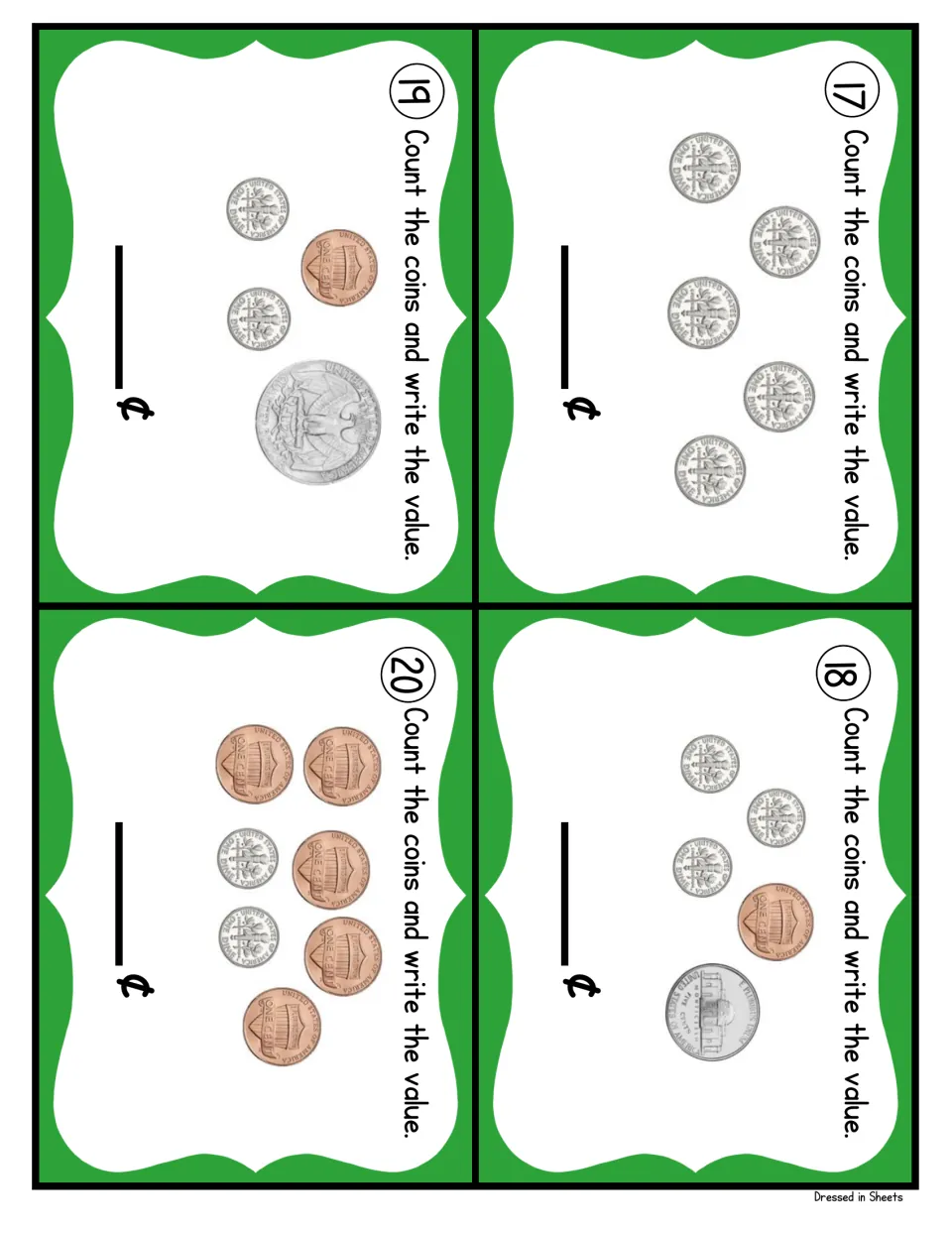 Coin cards 17 to 20: students count five dimes, then total dimes with pennies, a nickel or a quarter