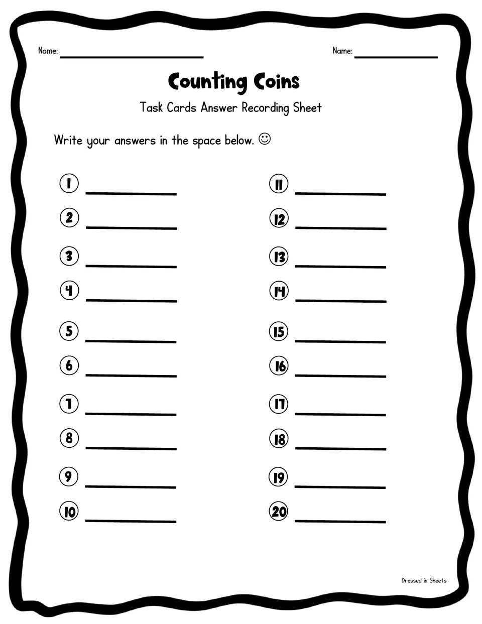 Counting Coins recording sheet: students write the cent value for each of the 20 cards beside its number