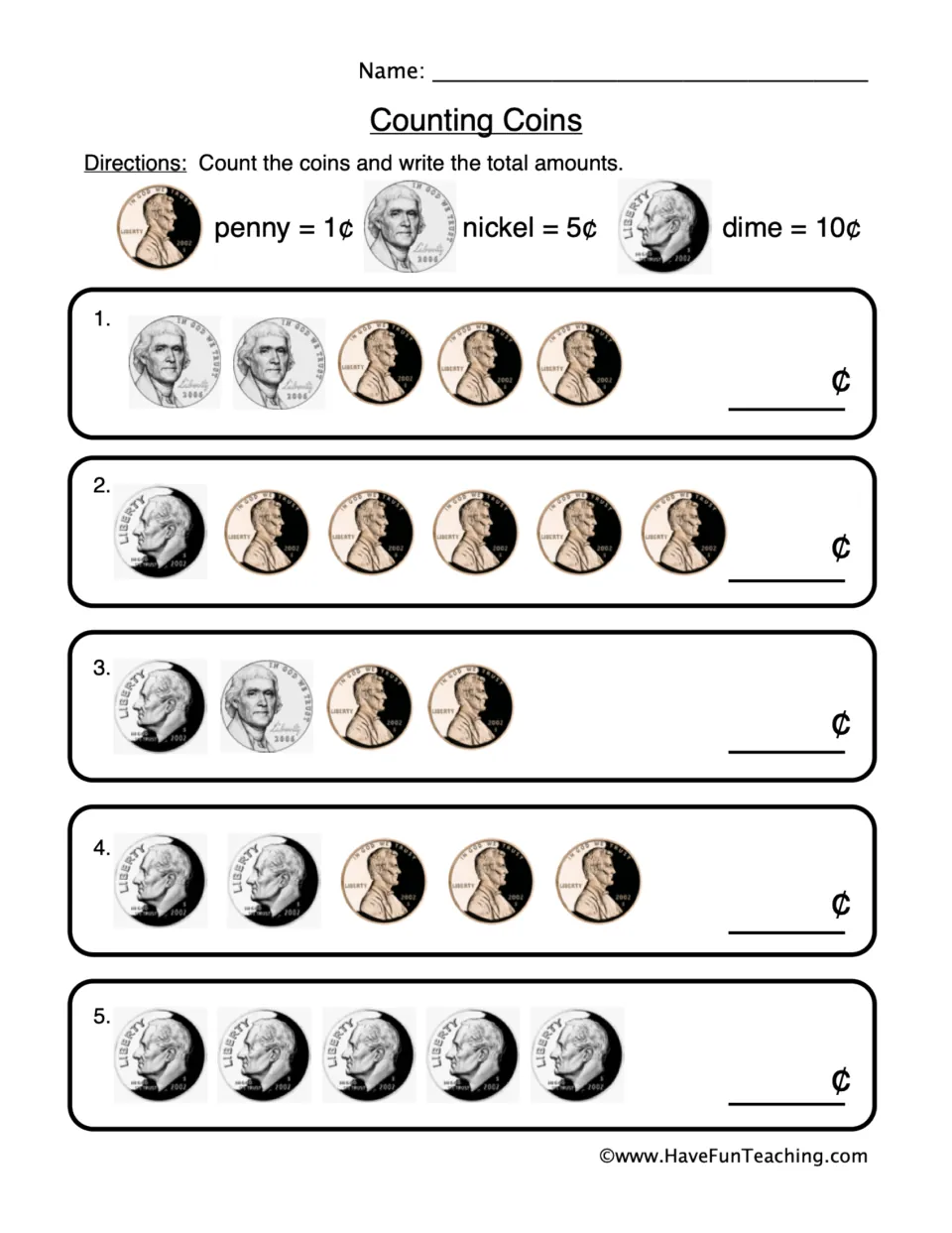 Counting coins: students add pennies, nickels and dimes in 5 rows and write each total in cents, using a coin value key