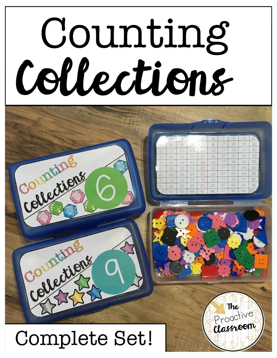 Counting Collections complete set cover: photo of labeled pencil boxes, one open with a 1-100 chart and a pile of buttons