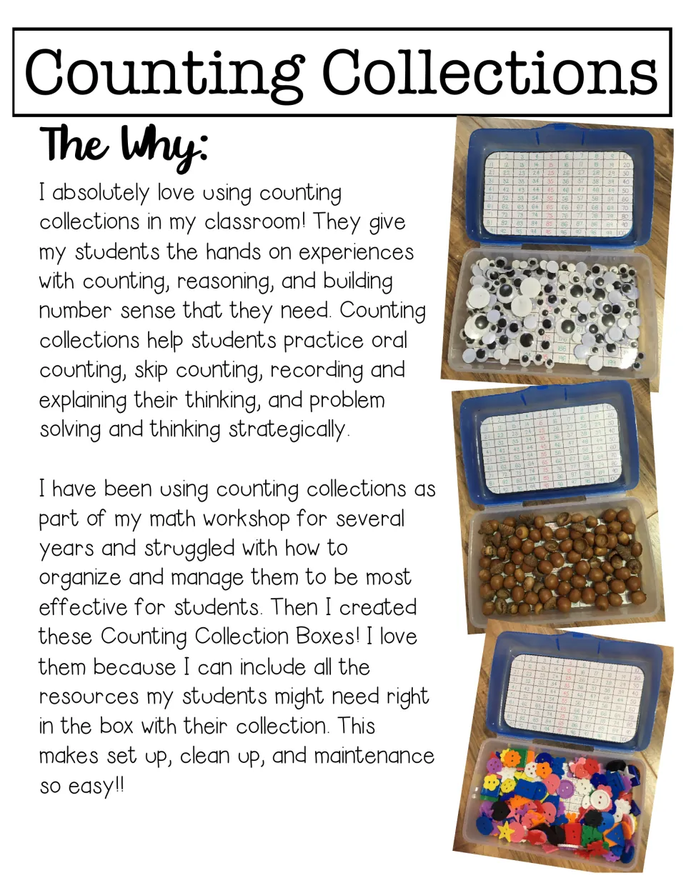 The Why: note on why counting collections are used for oral counting, skip counting and recording; photos of filled boxes