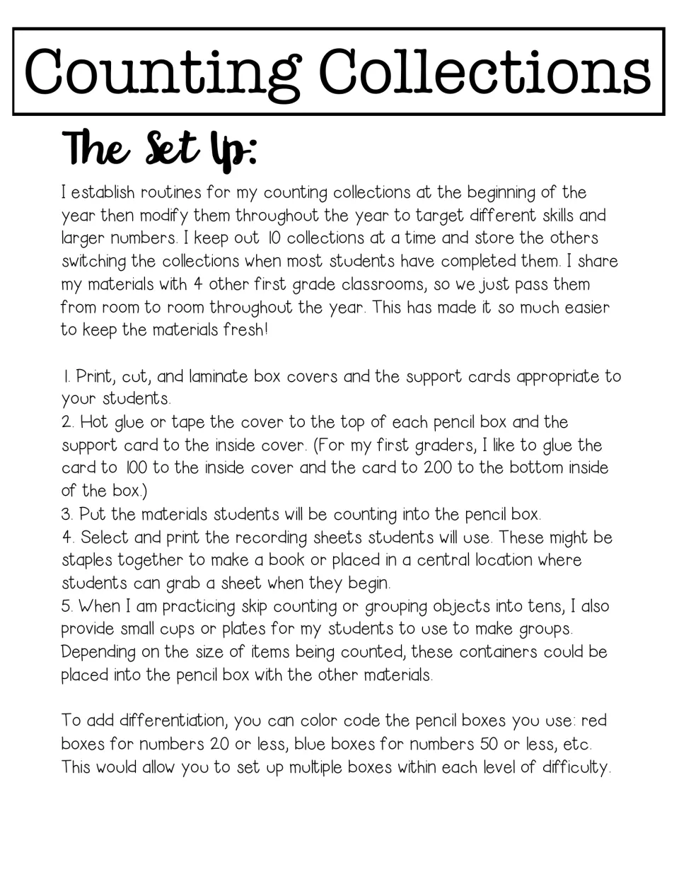 The Set Up: five steps to print covers, glue support cards in pencil boxes, add objects and choose recording sheets