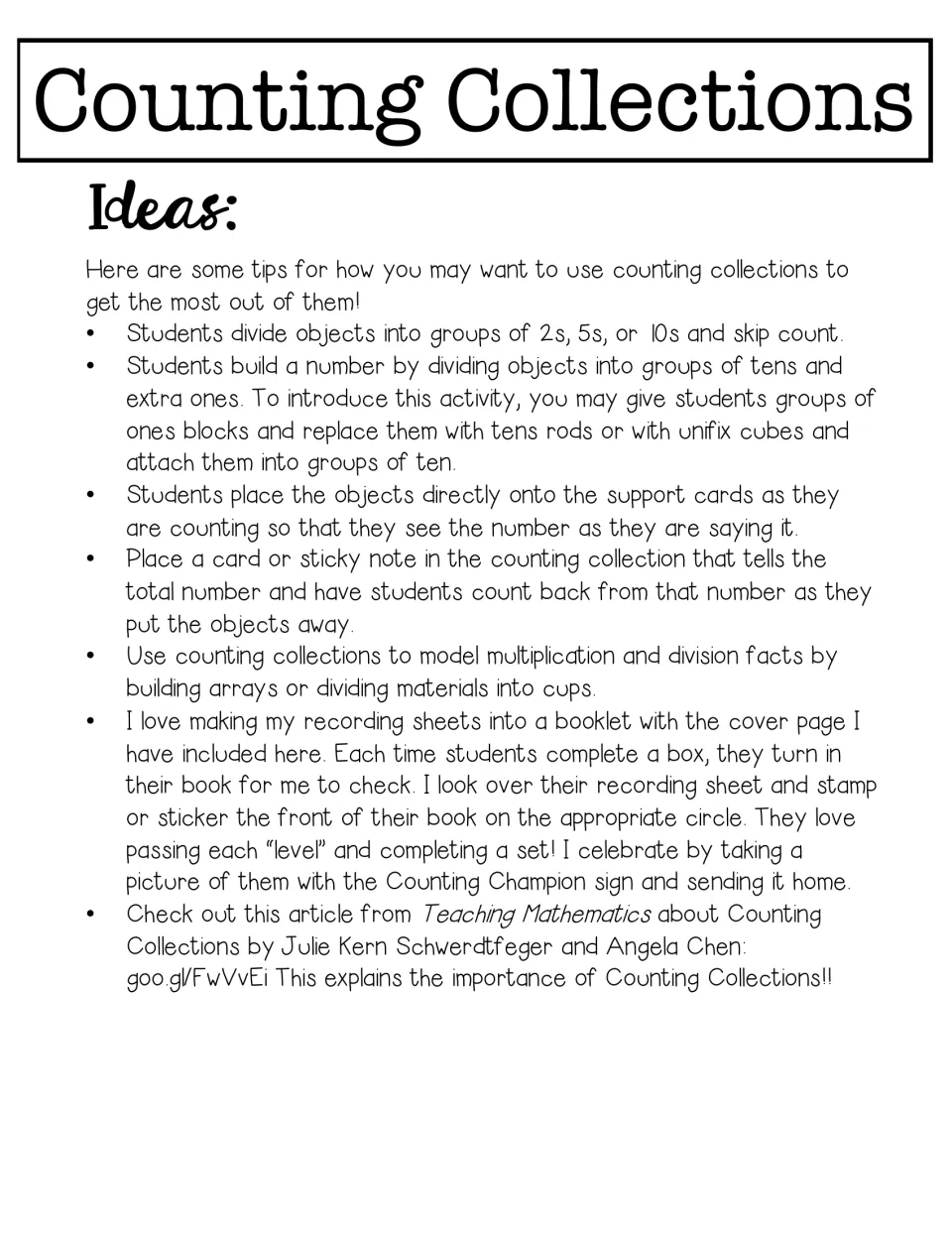 Ideas: tips for skip counting by 2s, 5s and 10s, grouping tens and ones, counting back and modeling arrays